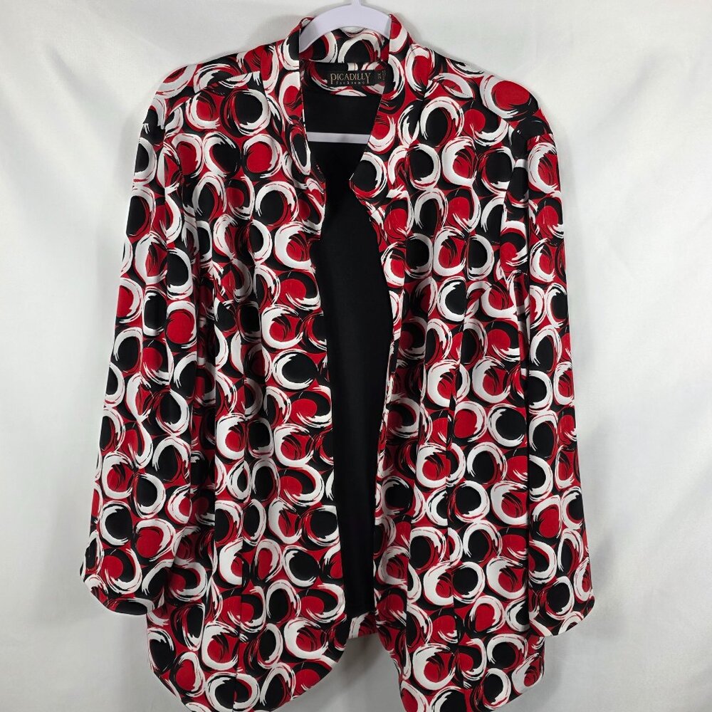 Picadilly Fashions Open Front Knit Jacket Women's Size 2X Black, Red & White Geo